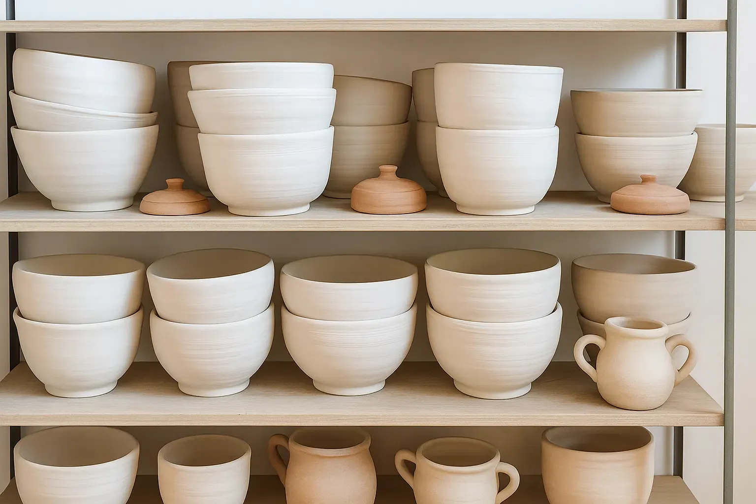 Bowls de cerámica secándose sobre una estanteria